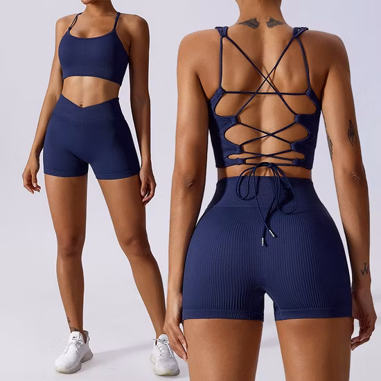 Atacado OEM/ODM Mulheres 2 peças Leggings + Sutiã Vestuário Rib Yoga Set Gym Workout Fitness Active Sports Sets