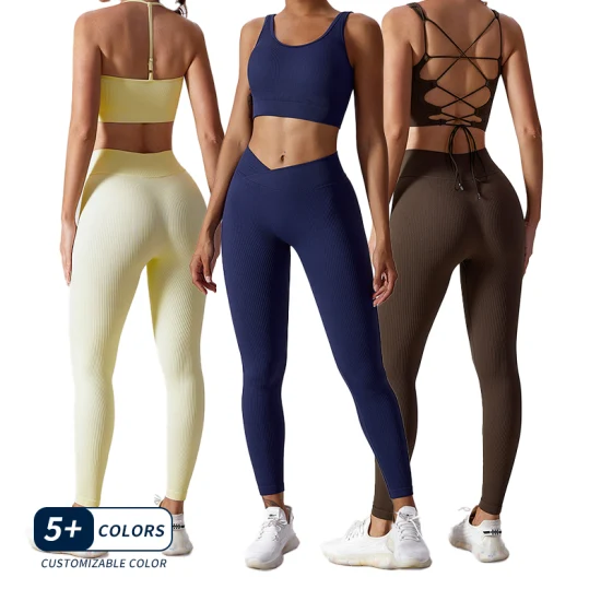 Atacado OEM/ODM Mulheres 2 peças Leggings + Sutiã Vestuário Rib Yoga Set Gym Workout Fitness Active Sports Sets